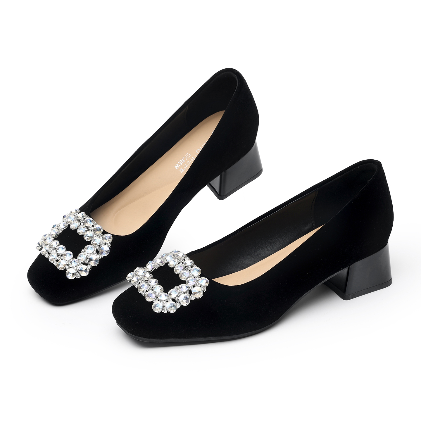 Leather Work Women Shoes - Taşlı Kare Tokalı Kalın Topuklu Kadın