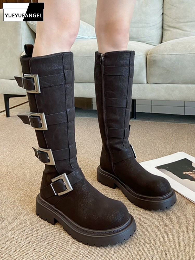 Leather Work Women Shoes - Moda Kadın Çok Tokalı Diz Üstü