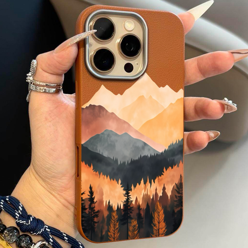 Leather X - Dağ Gün Batımı Lichee Desenli Telefon